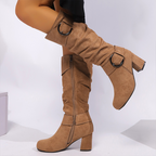 Women's slouch knee-high boots with two circular buckle straps
