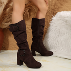 Women's slouch knee-high boots with two circular buckle straps
