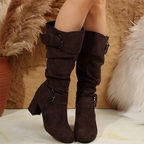 Women's slouch knee-high boots with two circular buckle straps