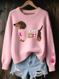 Women's knitted jumper with dog motif, crew neck and long sleeves
