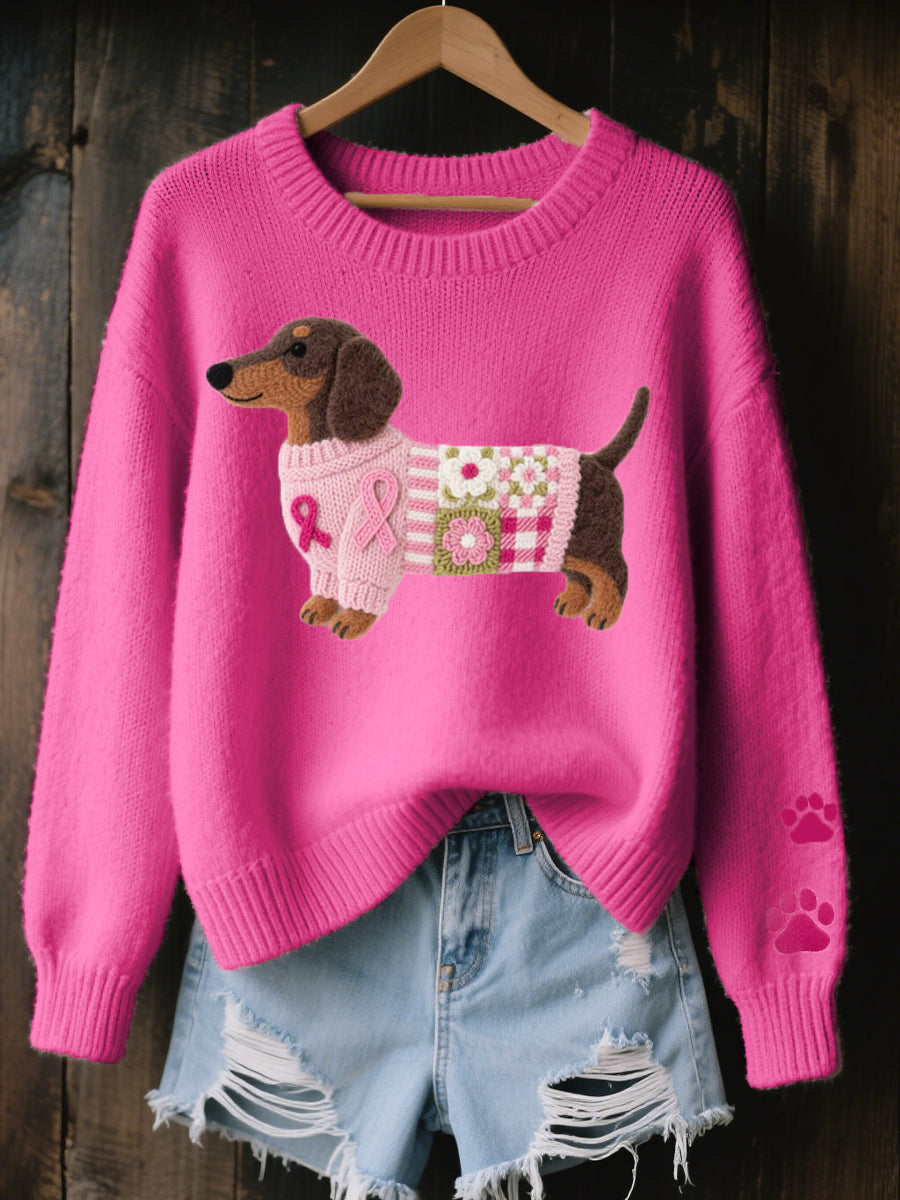 Women's knitted jumper with dog motif, crew neck and long sleeves