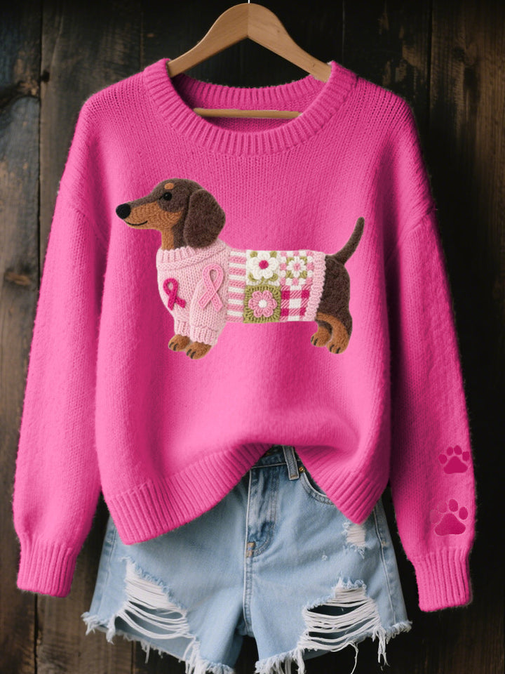 Women's knitted jumper with dog motif, crew neck and long sleeves