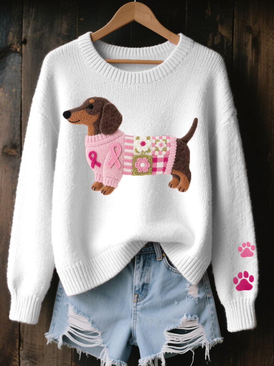 Women's knitted jumper with dog motif, crew neck and long sleeves