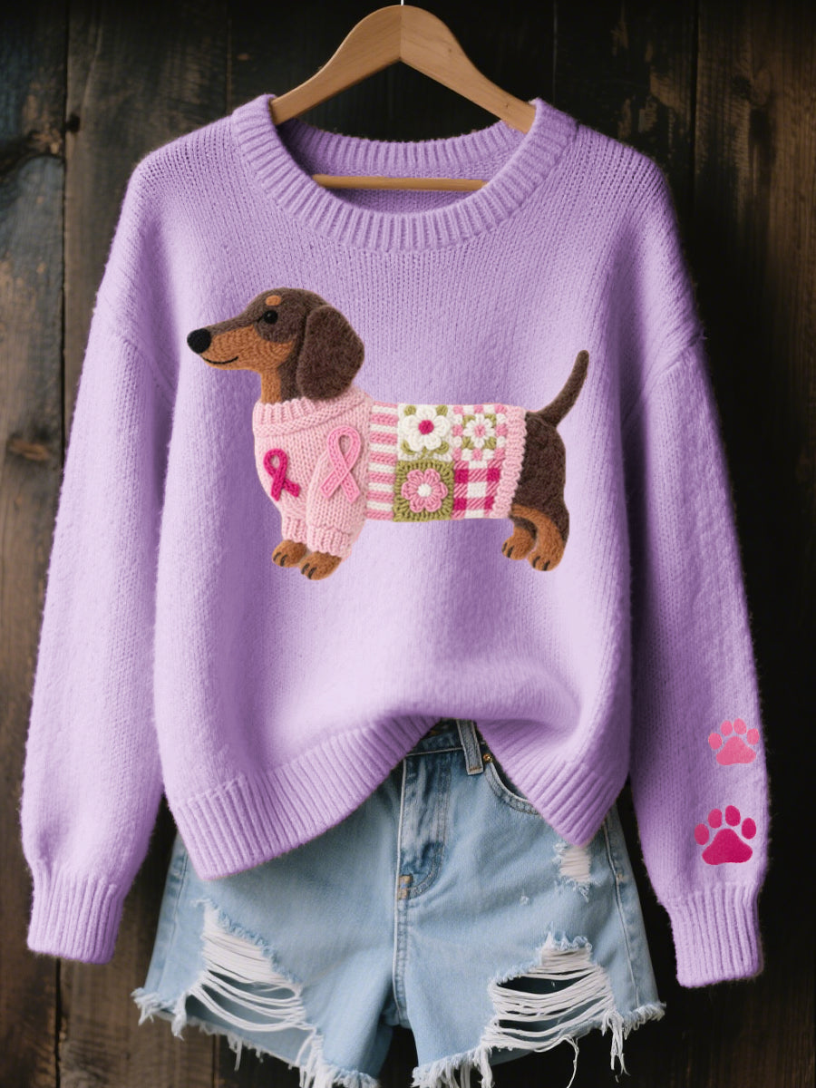 Women's knitted jumper with dog motif, crew neck and long sleeves