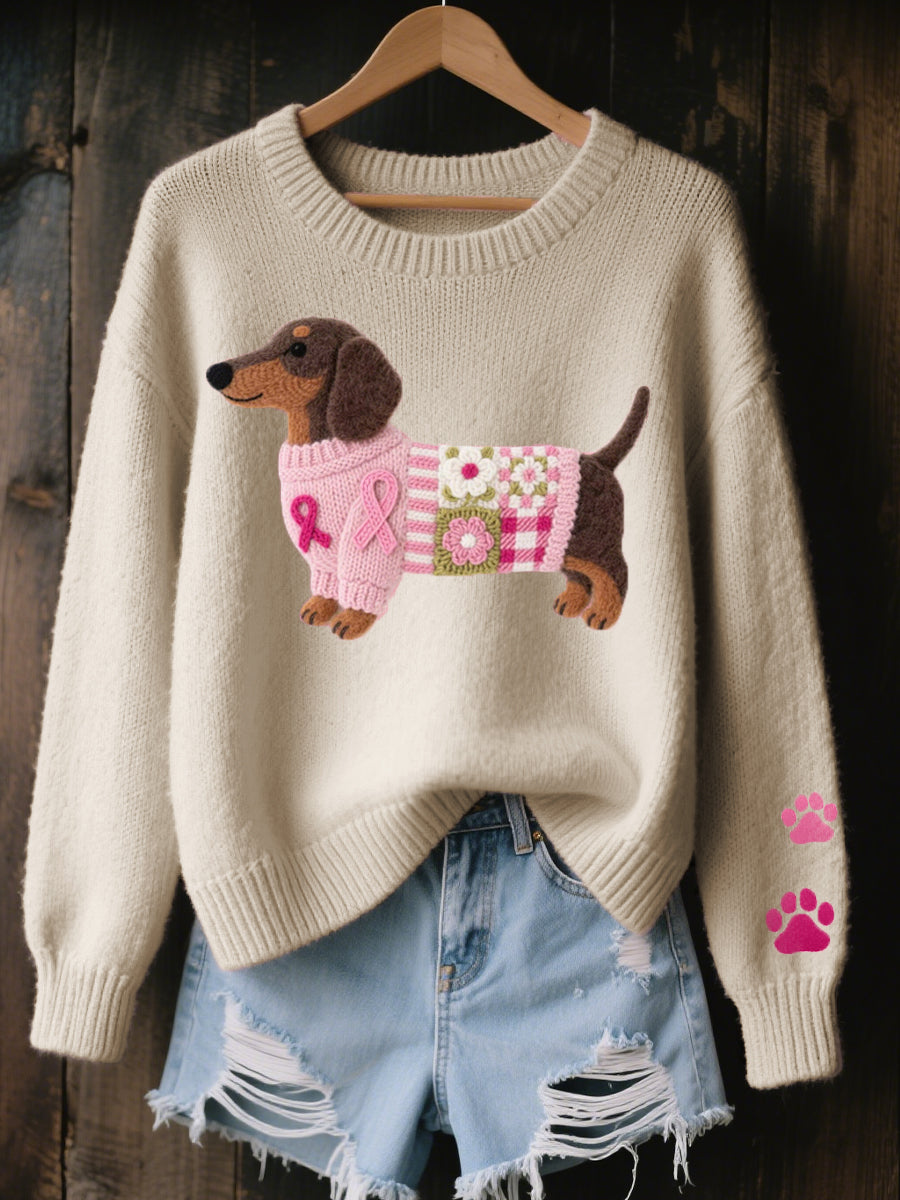 Women's knitted jumper with dog motif, crew neck and long sleeves