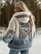 Women's hooded jacket with wolf graphic and patterned trim