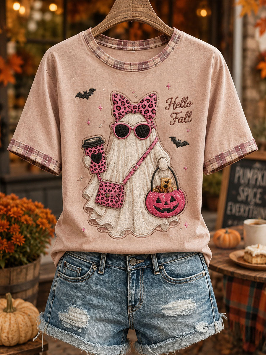 Pink women's T-shirt with plaid trim and a ghost Halloween graphic