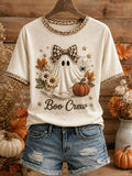 White women's short sleeve T-shirt with ghost graphic and checked trim