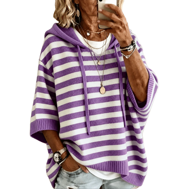 Women's oversized striped hoodie with hood, drawstrings and wide sleeves