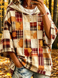 Women's cream checked patchwork hoodie with autumn leaf motifs