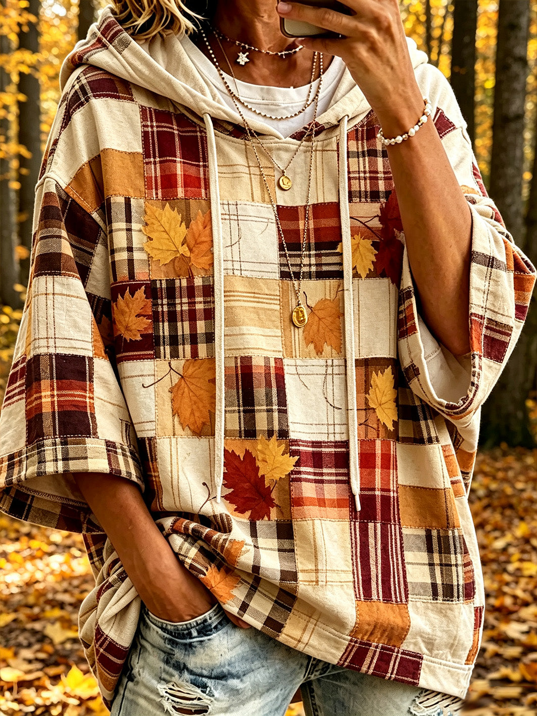 Women's cream checked patchwork hoodie with autumn leaf motifs