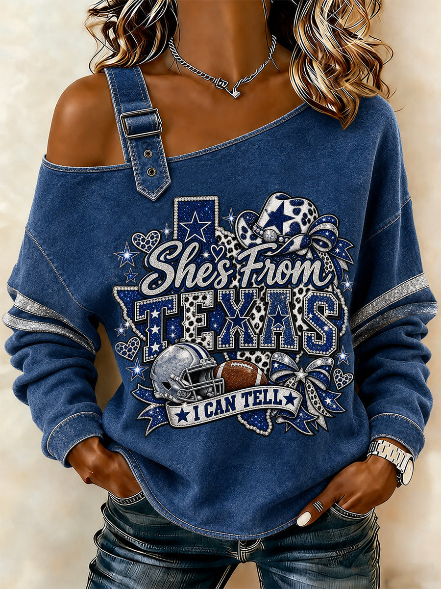 Women's blue off-shoulder sweatshirt with football graphic and long sleeves