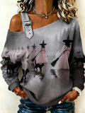 Women's grey off-shoulder sweatshirt with witches, cats and broomsticks print