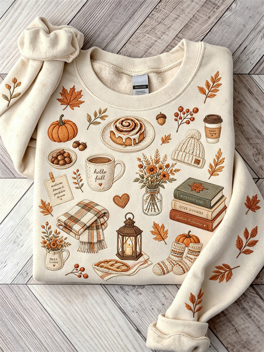 Women's cream sweatshirt with illustrated autumn elements print