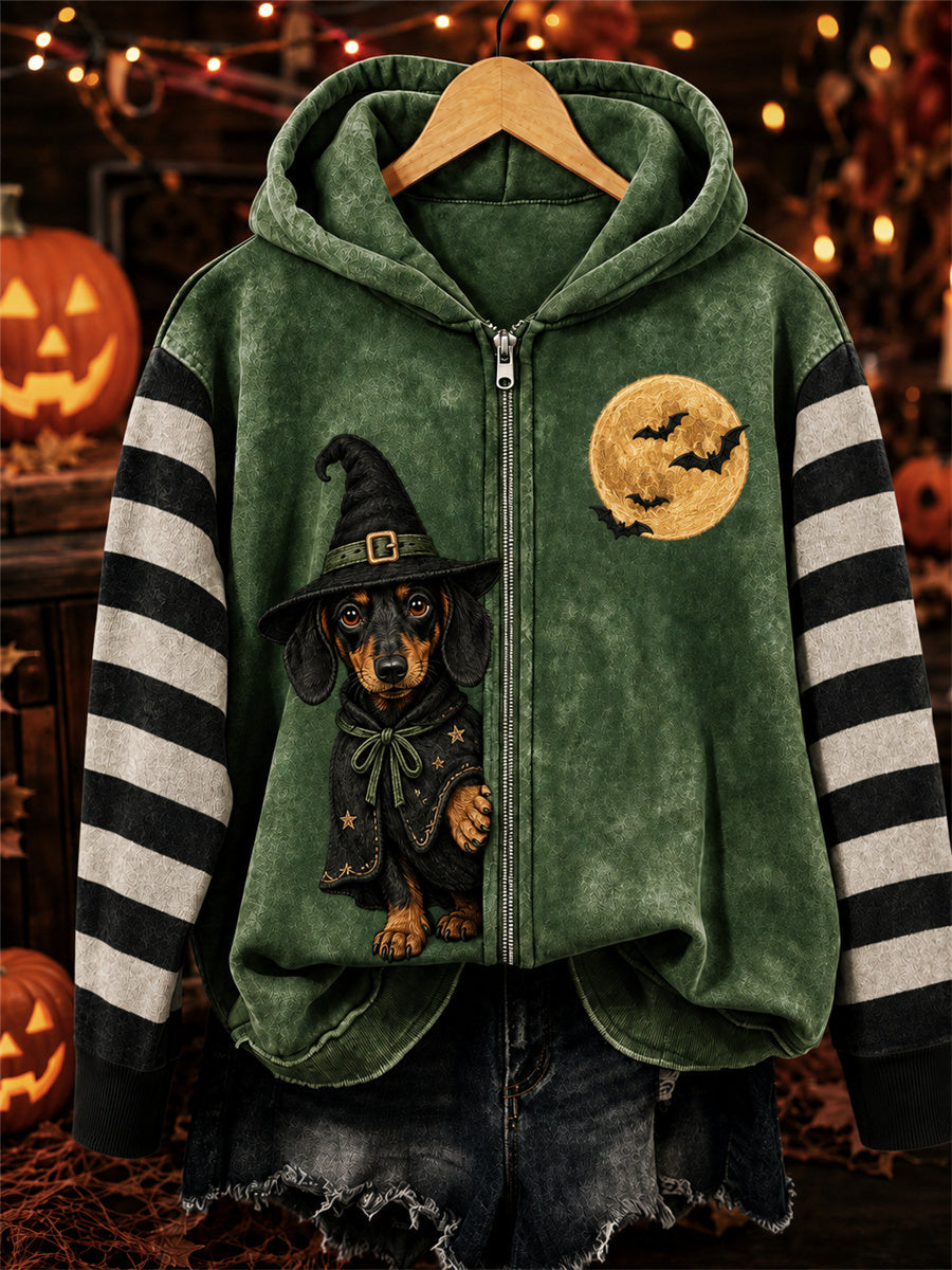 Women's green zip hoodie with dachshund witch graphic and striped sleeves