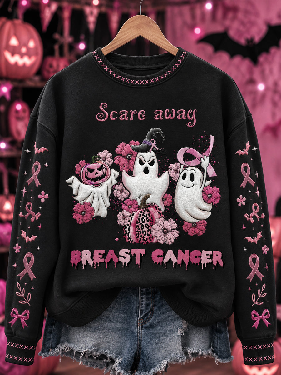 Women's black sweatshirt with pink ghost, flower and breast cancer awareness ribbon graphics