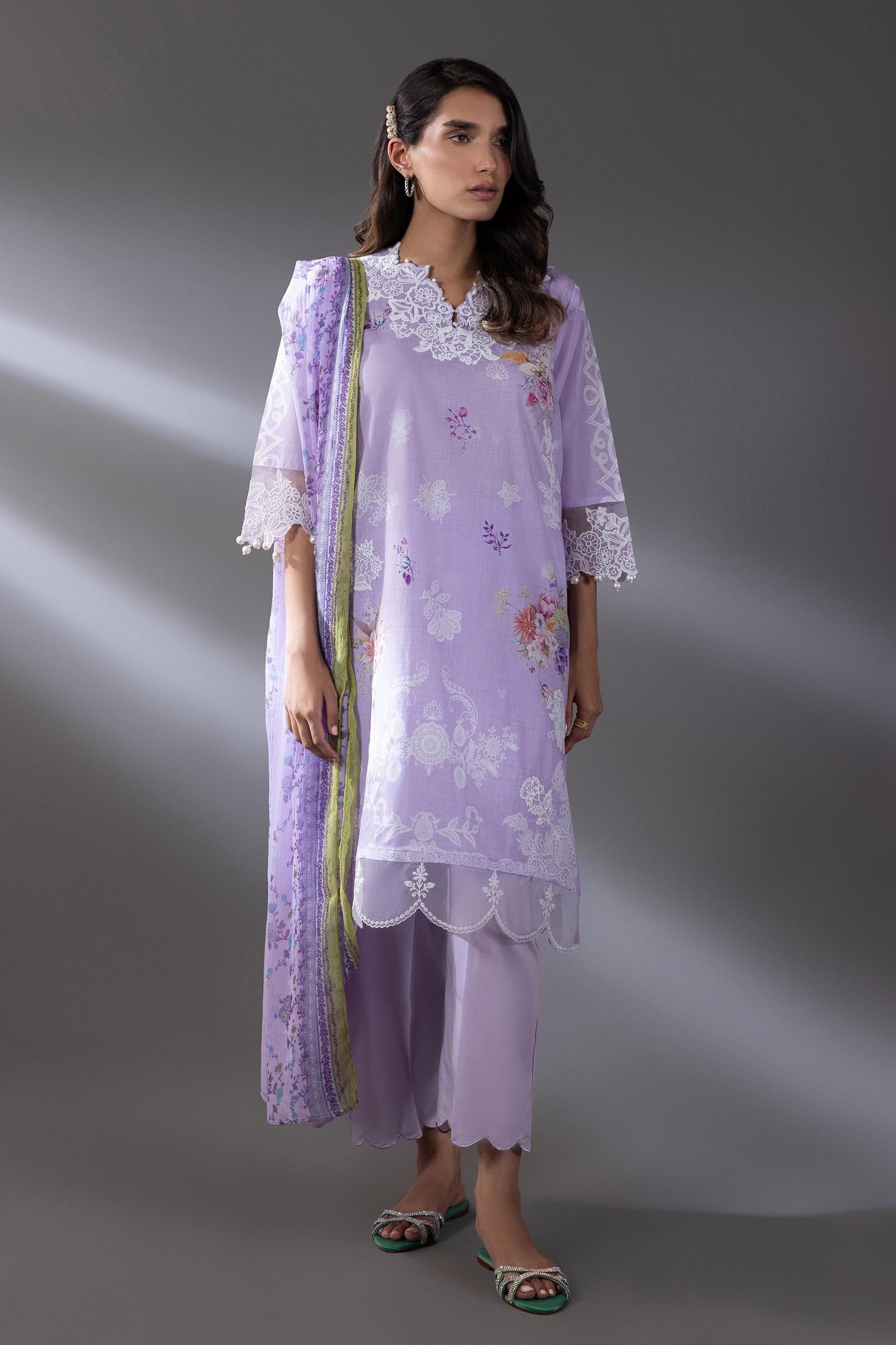 Women's lilac floral three-piece outfit set with shirt, culottes and dupatta