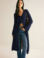Women's long V-neck button front knit cardigan with flared cuffs