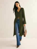 Women's long V-neck button front knit cardigan with flared cuffs