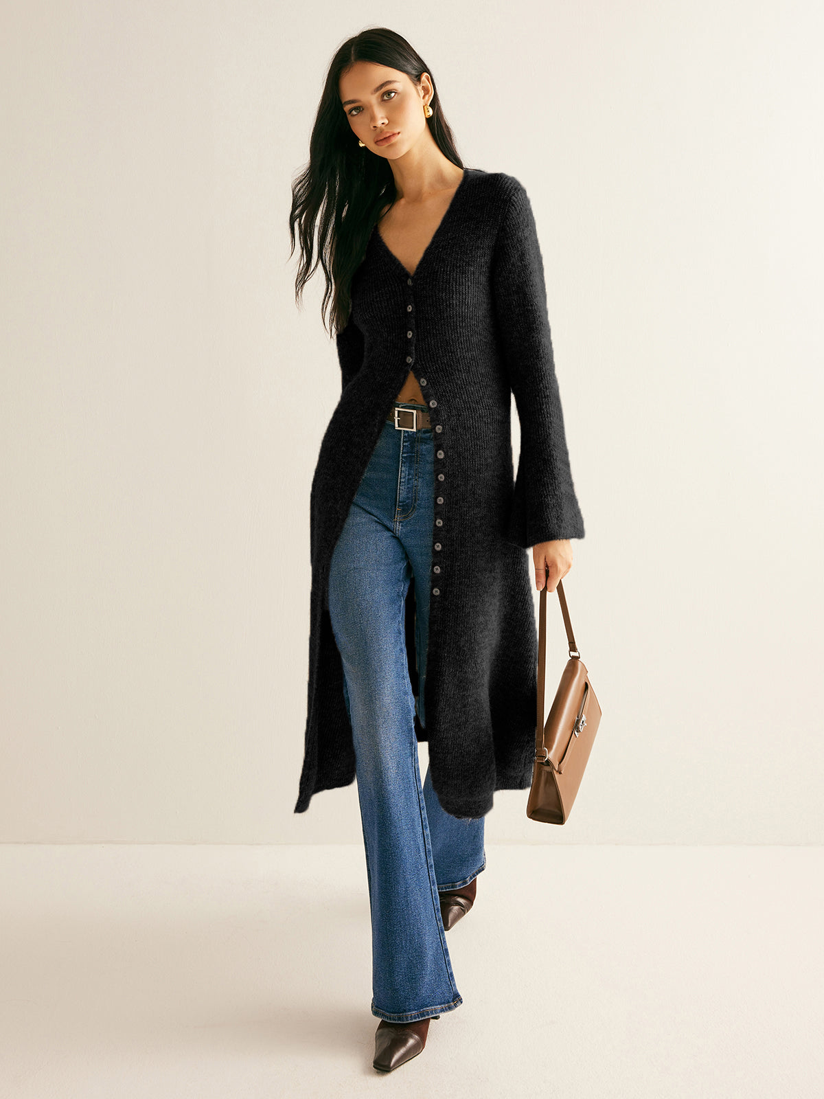 Women's long V-neck button front knit cardigan with flared cuffs