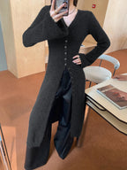 Women's long V-neck button front knit cardigan with flared cuffs