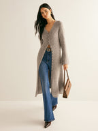 Women's long V-neck button front knit cardigan with flared cuffs