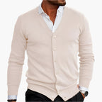 Men's V-neck cardigan with long sleeves and button front