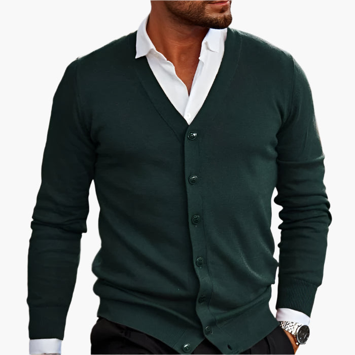 Men's V-neck cardigan with long sleeves and button front