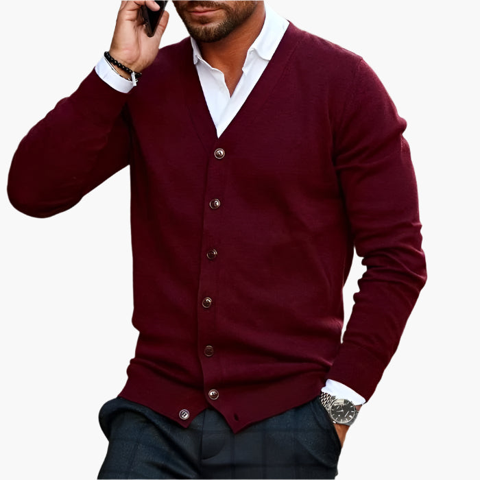 Men's V-neck cardigan with long sleeves and button front