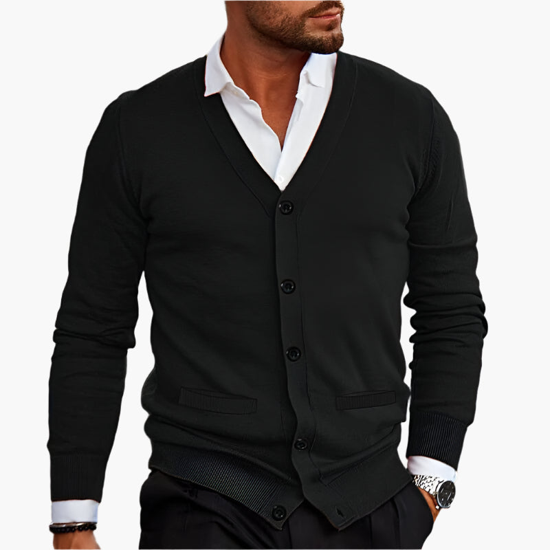 Men's V-neck cardigan with long sleeves and button front