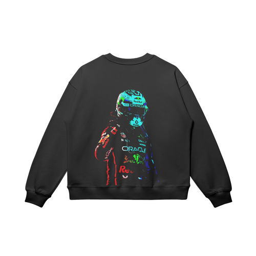 Black sweatshirt with colourful racing driver graphic