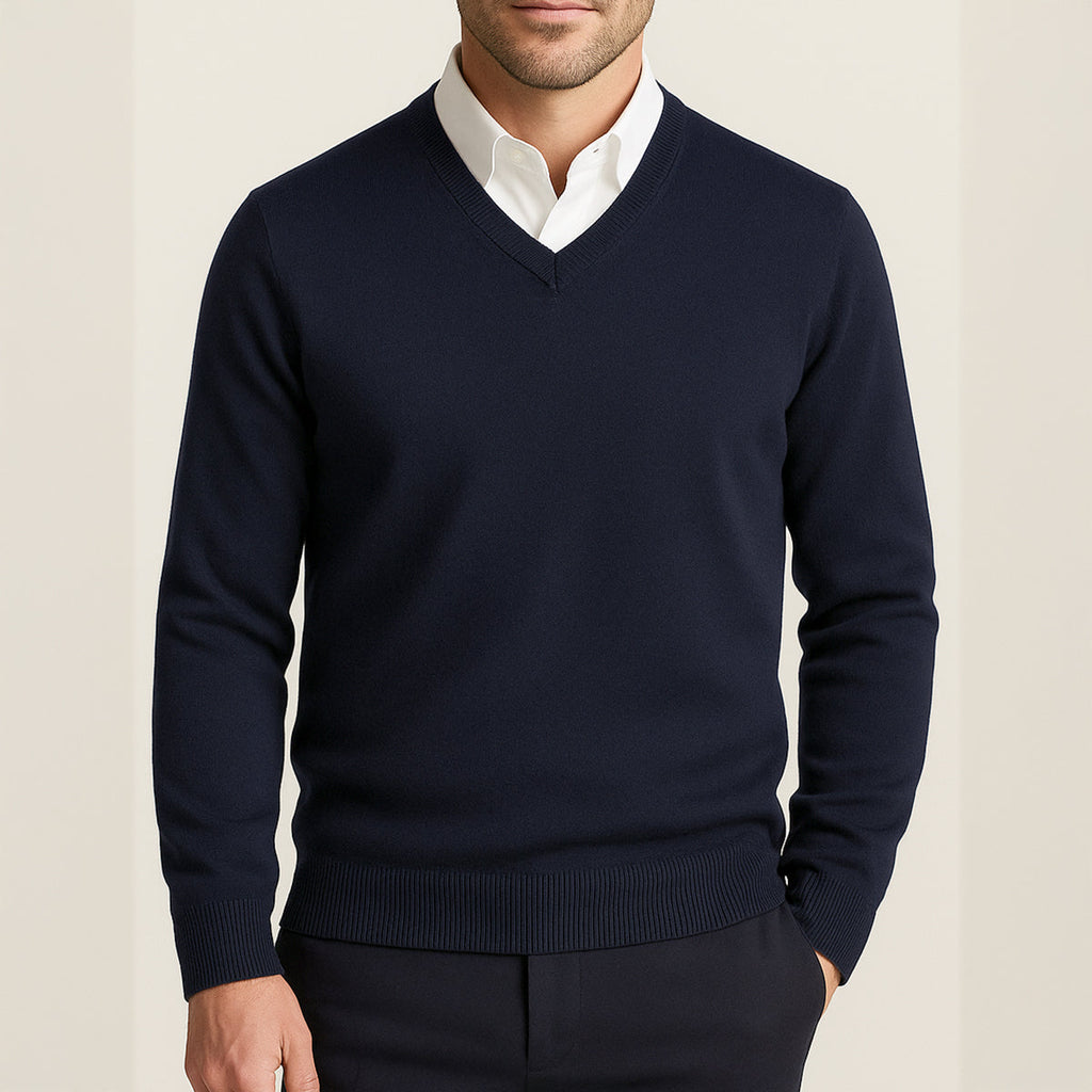 Men's long-sleeve V-neck sweater with ribbed trims worn over a collared shirt