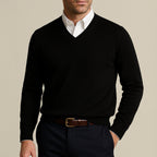 Men's long-sleeve V-neck sweater with ribbed trims worn over a collared shirt