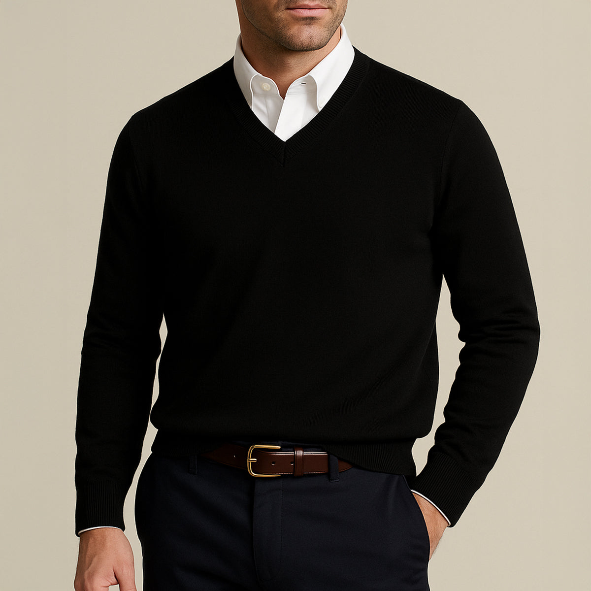 Men's long-sleeve V-neck sweater with ribbed trims worn over a collared shirt