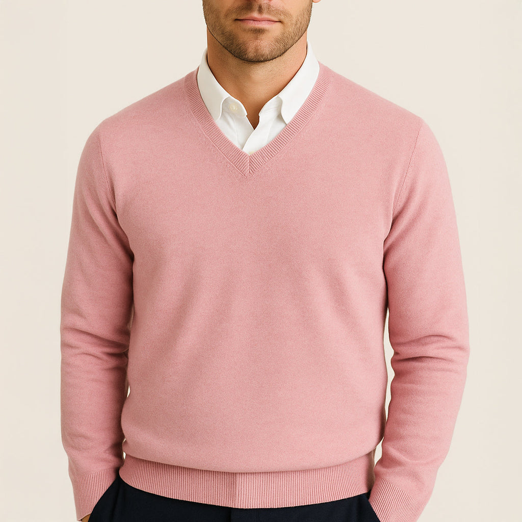 Men's long-sleeve V-neck sweater with ribbed trims worn over a collared shirt