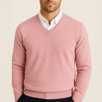Men's long-sleeve V-neck sweater with ribbed trims worn over a collared shirt