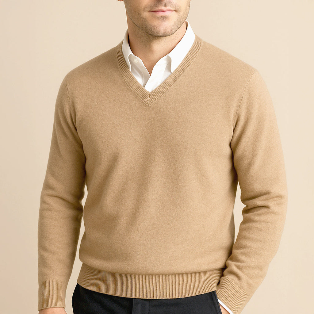 Men's long-sleeve V-neck sweater with ribbed trims worn over a collared shirt