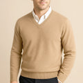 Men's long-sleeve V-neck sweater with ribbed trims worn over a collared shirt