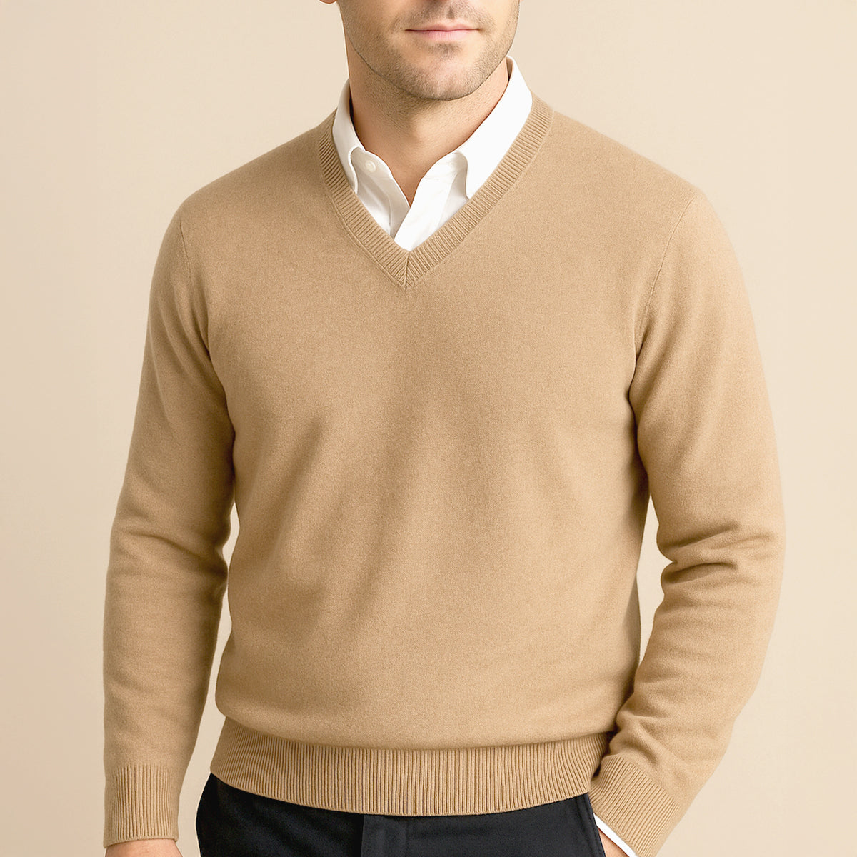 Men's long-sleeve V-neck sweater with ribbed trims worn over a collared shirt