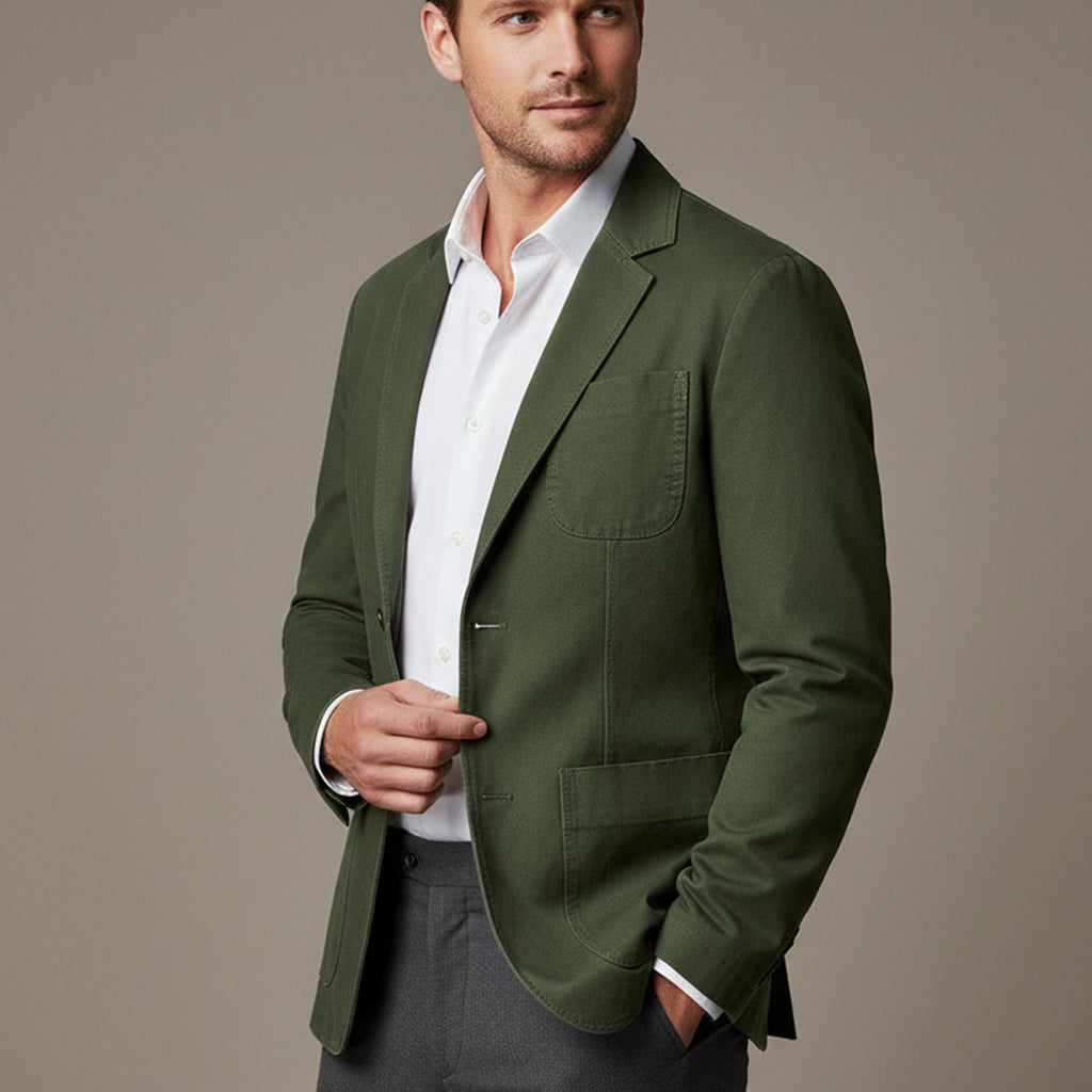 Men's blazer-style jacket with lapel collar and patch pockets