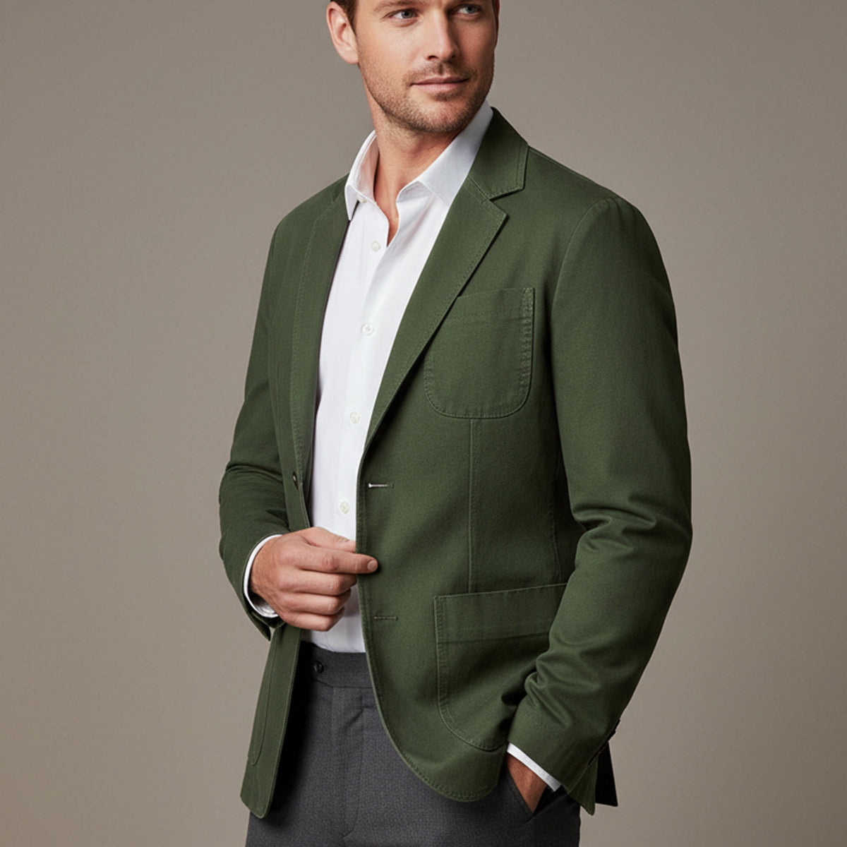 Men's blazer-style jacket with lapel collar and patch pockets