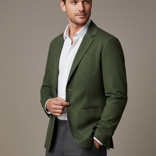 Men's blazer-style jacket with lapel collar and patch pockets