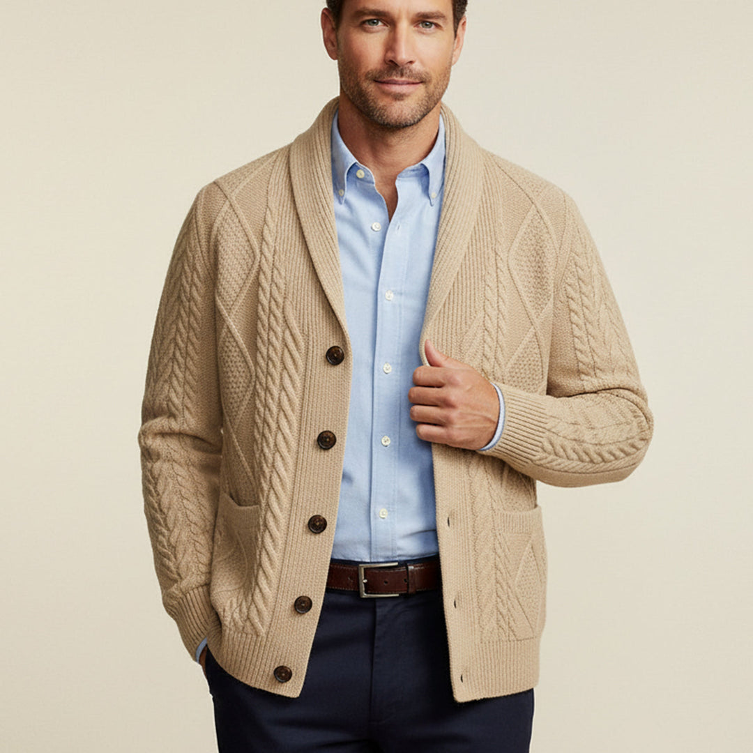 Men's textured knit cardigan with shawl collar, buttons and front patch pockets