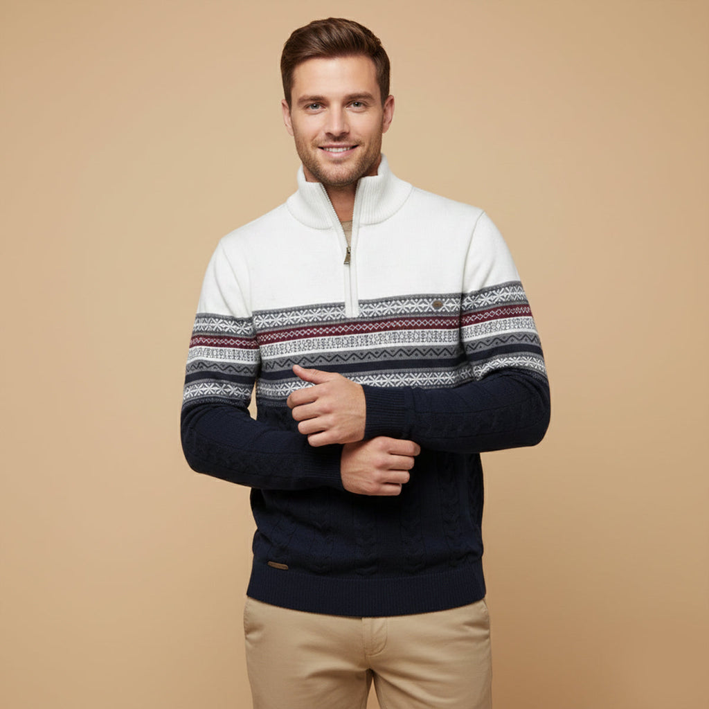 Men's Fair Isle quarter-zip sweater with cable-knit detail