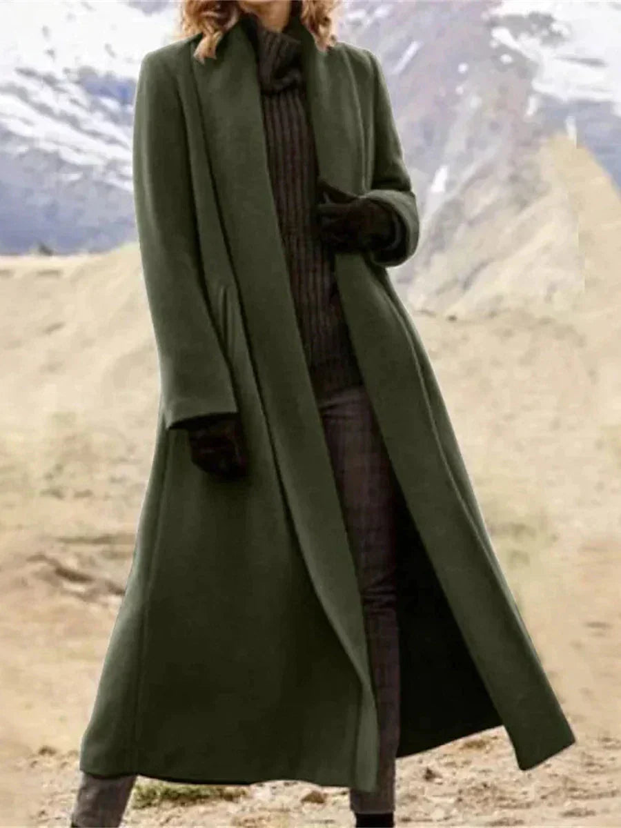 Women's long lapel trench coat shown in black and green