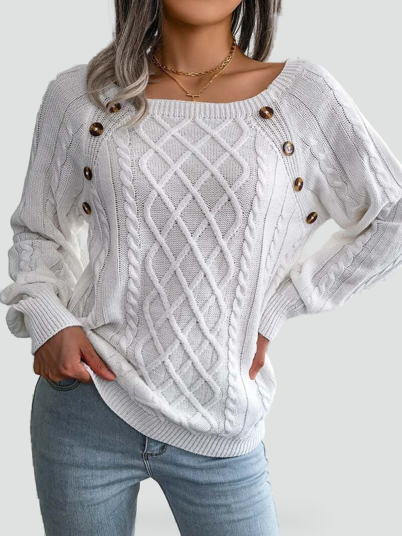 Women's cable knit sweater with diamond pattern and shoulder buttons
