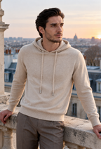 Men's plain knitted hooded sweatshirt with long sleeves and drawstrings