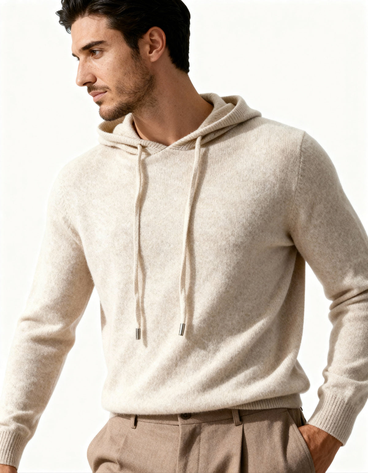Men's plain knitted hooded sweatshirt with long sleeves and drawstrings