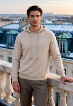 Men's plain knitted hooded sweatshirt with long sleeves and drawstrings