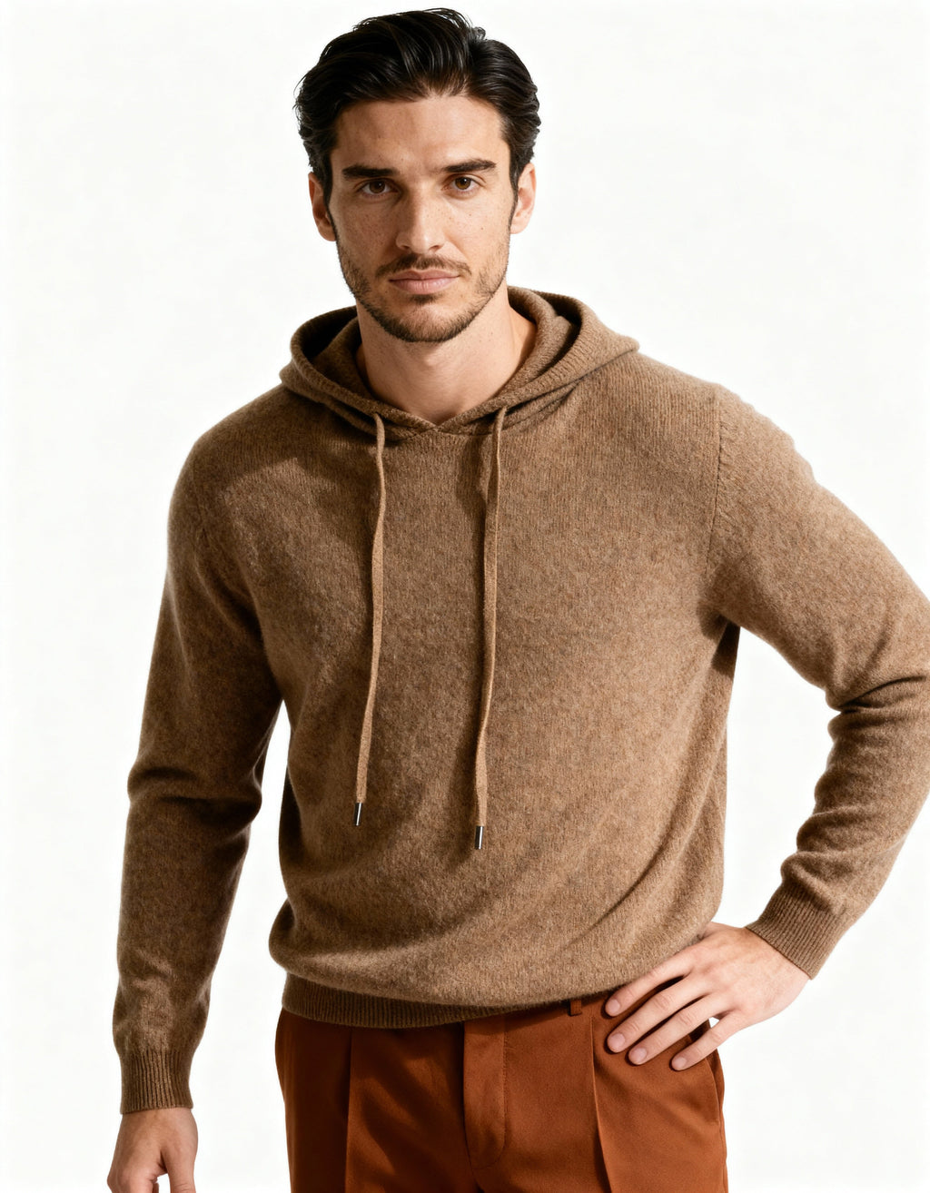 Men's plain knitted hooded sweatshirt with long sleeves and drawstrings